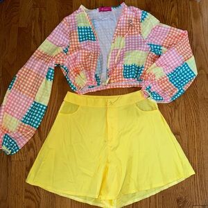 Colorful Patchwork Top and Yellow Shorts Set